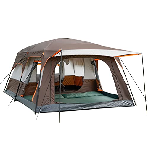 KTT Extra Large Tent 12 Person,Family Cabin Tents,2 Rooms,3 Doors and 3 Windows with Mesh,Straight Wall,Waterproof,Double Layer,Big Tent for Outdoor,Picnic,Camping,Family Gathering(Brown)