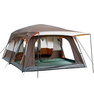 KTT Extra Large Tent 12 Person,Family Cabin Tents,2 Rooms,3 Doors and 3 Windows with Mesh,Straight Wall,Waterproof,Double Layer,Big Tent for Outdoor,Picnic,Camping,Family Gathering(Brown)