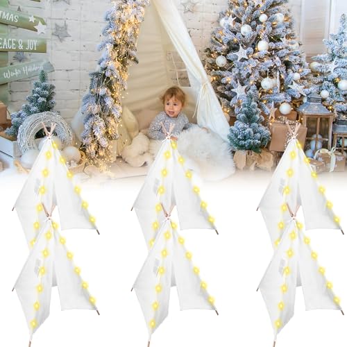 MBJZSL 6 Packs Teepee Tent for Kids with 10FT String Lights, Indoor Outdoor Play Teepee Tent for Girls & Boys, Foldable Tents for Birthday Party Boho Sleepovers Party Pajama Party (White)