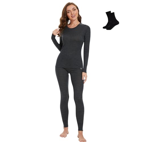 MERINNOVATION Merino Wool Base Layer Set for Women 100% Merino Wool Thermal Underwear Set Base Layer Top and Bottom Charcoal marle 165