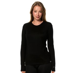 Merino Wool Base Layer Women - 100% Merino Wool Shirt Women Thermal Underwear Long Sleeve T-Shirt for Hiking (Medium, Black)