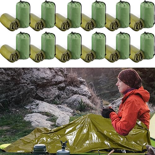 Mixweer 12 Pcs Emergency Sleeping Bag Portable Survival Sleeping Bag Thermal Bivy Sack Lightweight Emergency Shelter for Homeless People Waterproof Bivy Bag for Camping Hiking Adventure Outdoor, Green