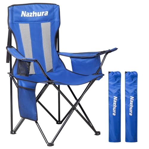 Nazhura 2 Pack Outdoor Camping Chairs Folding/Foldable/Portable with Cooler Pouch, Mesh Backrest and Cup Holder Pocket (Blue, 2 Pack)