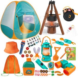 Qtioucp Kids Camping Set 50pcs with Tent & Space Projector Flashlight- Outdoor Campfire Toy Set for Toddlers Kids - Pretend Play Camp Gear Tools for Birthday Christmas