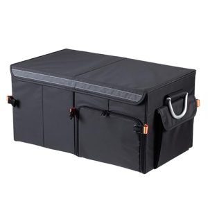 SHIMOYAMA Trunk Organizer, 63L Foldable Car Storage Box for Camping, Picnic, Collapsible Multi Compartments for SUV, Car Storage Bin with Aluminum Handles, Black