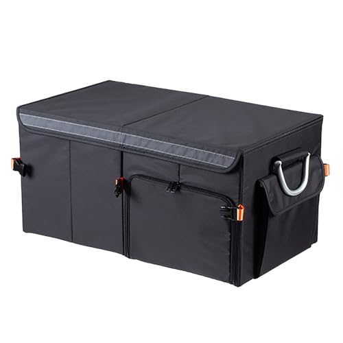 SHIMOYAMA Trunk Organizer, 63L Foldable Car Storage Box for Camping, Picnic, Collapsible Multi Compartments for SUV, Car Storage Bin with Aluminum Handles, Black