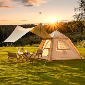 YOLENY Portable Inflatable Glamping Tent, Easy Set-up 4 Season Inflatable Tents for Camping, Waterproof Inflatable House Tent for 2-4 Persons, Self-Supporting Air Tent with Inflator, Extended Canopy