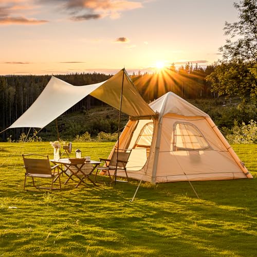 YOLENY Portable Inflatable Glamping Tent, Easy Set-up 4 Season Inflatable Tents for Camping, Waterproof Inflatable House Tent for 2-4 Persons, Self-Supporting Air Tent with Inflator, Extended Canopy