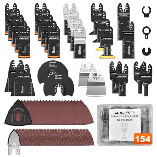 AMZWEI 154 Metal Wood Oscillating Tool Blade, Titanium Oscillating Saw Blades with Sandpaper, Quick Release Multi Tool Blades Kits for Dewalt Ryobi Milwaukee Rockwell Fein Makita