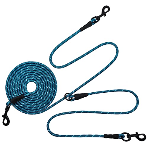 BTINESFUL 12FT 20FT 30FT Reflective Dog Tie Out for 2 Dogs, No Tangle 1/3 Inch Nylon Rope Tether for Two Dogs, Dog Trolley Runner for Yard Outdoor Camping Blue