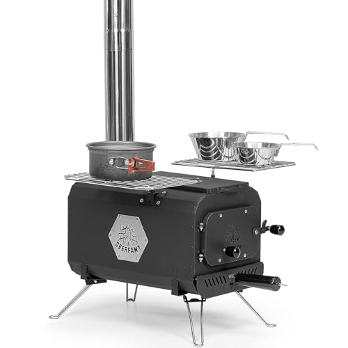 Deerfamy Hot Tent Stove, Portable Burning Stove, Carbon Steel Tent Stove with 6 Chimney Pipe, Camping Stove Used for Outdoor Heating and Cooking.