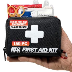 M2 BASICS All-Purpose 150 Piece First Aid Kit w/Carabiner, Emergency Blanket | Medical Survival Bag | Home, Office, Outdoors, Car, Camping, Travel