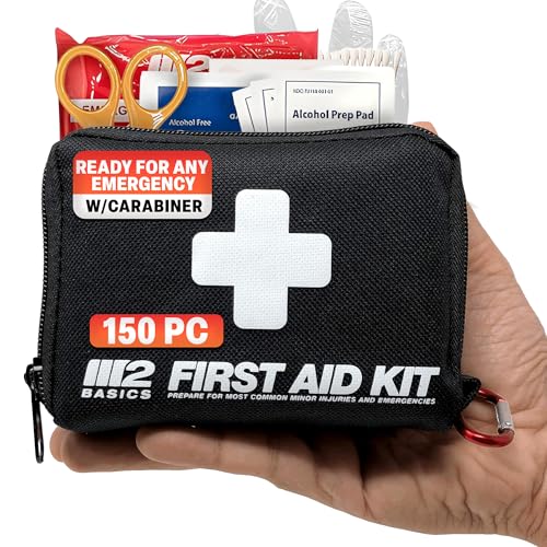 M2 BASICS All-Purpose 150 Piece First Aid Kit w/Carabiner, Emergency Blanket | Medical Survival Bag | Home, Office, Outdoors, Car, Camping, Travel