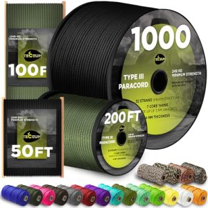 TECEUM Paracord Type III 550 Black –100 ft – 4mm – Tactical Rope MIL-SPEC – Outdoor para Cord –Camping Hiking Fishing Gear and Equipment EDC Parachute Cord Strong Survival Utility Rope 016