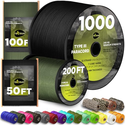 TECEUM Paracord Type III 550 Black –100 ft – 4mm – Tactical Rope MIL-SPEC – Outdoor para Cord –Camping Hiking Fishing Gear and Equipment EDC Parachute Cord Strong Survival Utility Rope 016