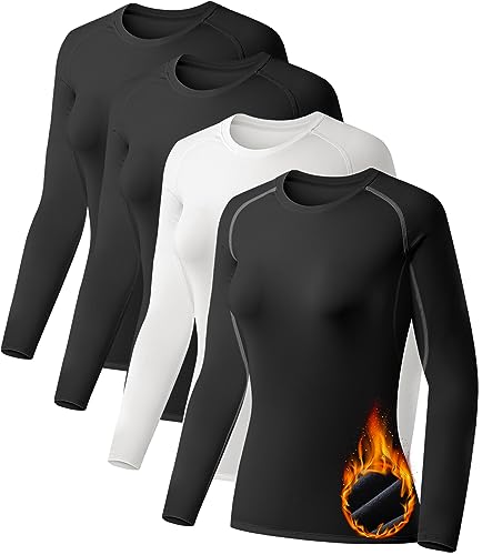TELALEO 4 Pack Women's Thermal Shirts Fleece Lined Athletic Tops Long Sleeve Compression Workout Baselayer for Cold Weather-L