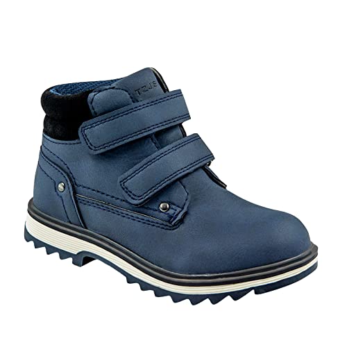 TZJS Kids' Hiking Work Boots for Boys Girls, Waterproof Outdoor Ankle Boots with Hook and Loop（Navy 8.5）